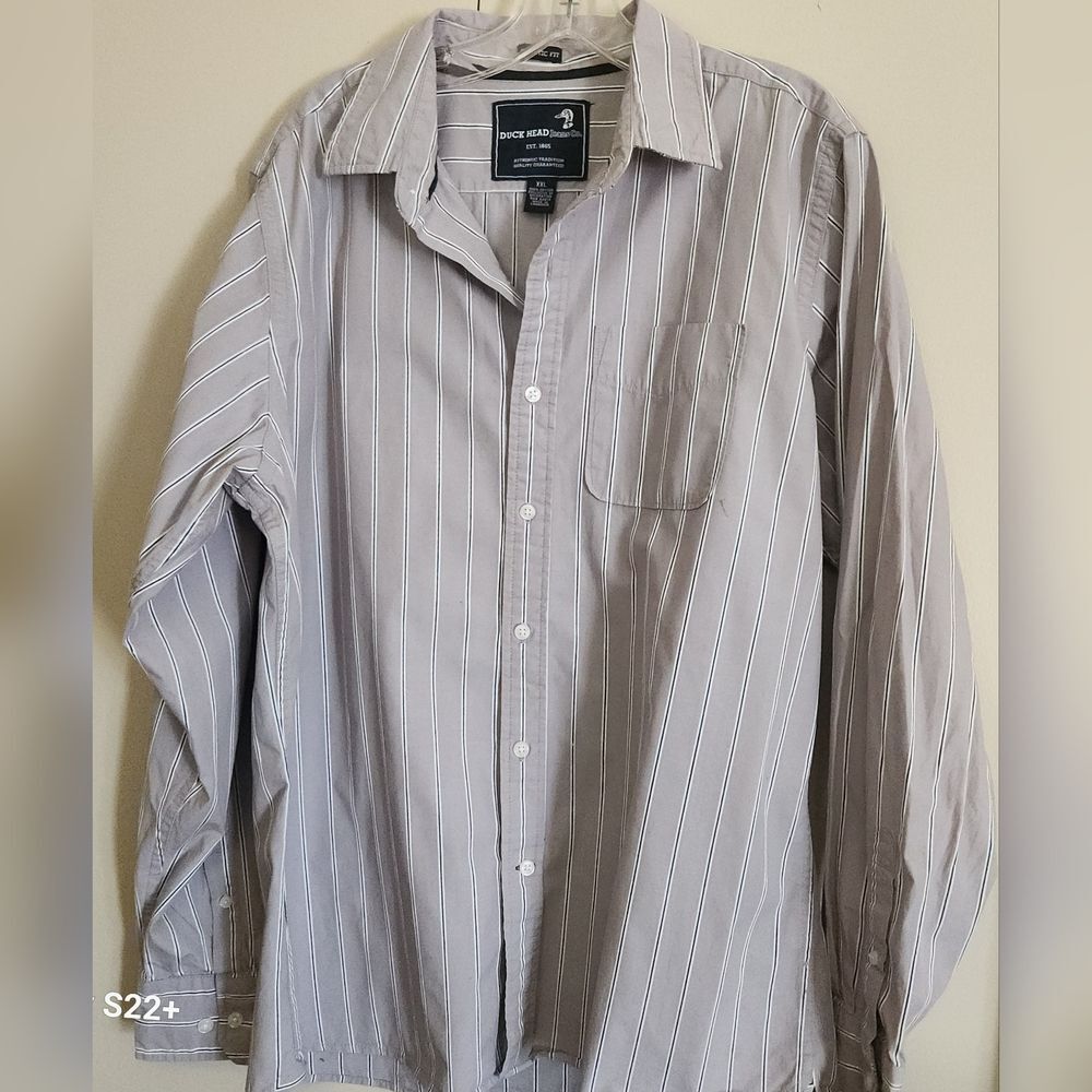 M35 Duck Head Jeans CO. Gray and White Striped Long Sleeved Men's Shirt